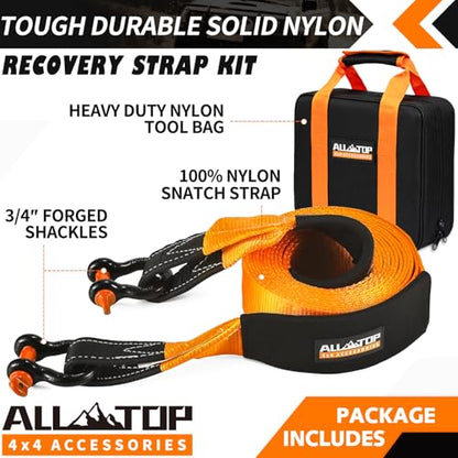 ALL-TOP Heavy Duty Tow Strap Recovery Kit: 3 inch x 20ft (35,000lbs) 100% Nylon and 22% Elongation Snatch Strap + 3/4 Heavy Duty D Ring Shackles (2pcs) + Storage Bag - size: 3" x 20’ Kit