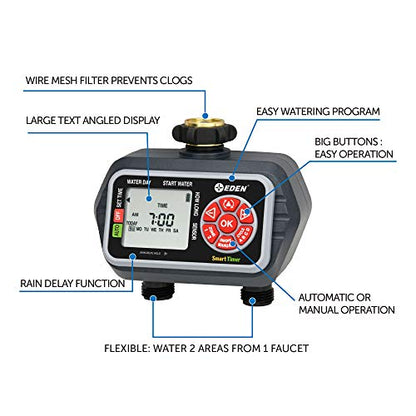 Eden 93412 Programmable Digital Water Timer 2-Zone, Compatible with Wireless Soil Moisture Sensor - size: 2 Zone