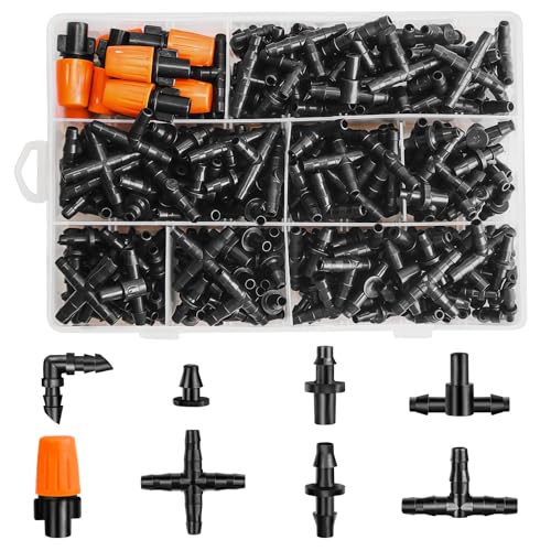 280 Pcs Barbed Connectors Irrigation Fittings Kit, Drip Irrigation Barbed Parts 1/4'' Tubing Kit for Garden Lawn (Nozzles, Nozzle Tees, Single Barbs, Couplings, Tees, Elbows, Plugs, Crosses) - size: 1/4 Inch Fittings-280P