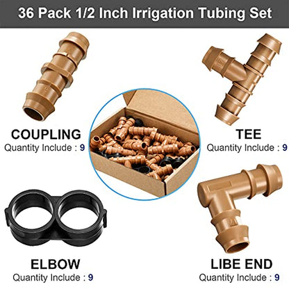 Outus 36 Pcs 1/2 Inch Drip Irrigation Tubing Fittings Barbed