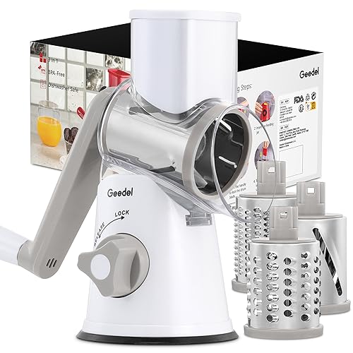 Geedel Rotary Cheese Grater Hand Crank, Cheese Shredder Vegetable Slicer - color: White, style: 3 Blades