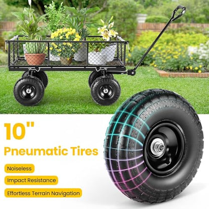 Steel Garden Cart, 2-in-1 600 lbs Heavy Duty Utility Wagon, with Removable Mesh Sides to Convert into Flatbed, 240° U-Turn 10" Pneumatic Tires Garden Wagon for Farm Yard Lawn Garden Camping (Yellow) - color: Yellow