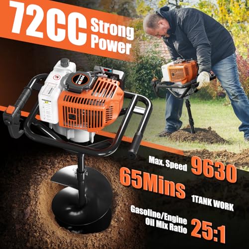 Baotree 72cc Gas Powered Post Hole Digger Earth Auger, 6" & 8" Bits, 2 Rods - size: 72cc