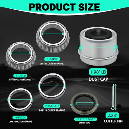 2 Set Fits for 1-3/8'' to 1-1/16'' Axles Trailer Wheel Hub Bearings Kit, L68149/L68111 and L44649/L44610, 171255TB Seal OD 1.719''Axles Trailer Wheel Hub Bearings Kit with Dust Cover and Cotter Pin - color: 2 Set L68149/L68111+L44649/L44610