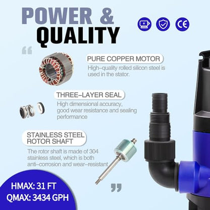 MEDAS 1HP 3434GPH Submersible Sump Pump Utility Pump,16.4ft Cord