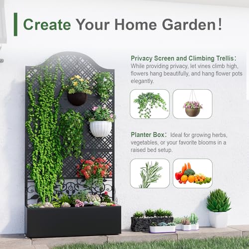Metal Planter Box with Trellis & Privacy Screen, 79"x40"x11.8", Galvanized - color: Rhombus Grid