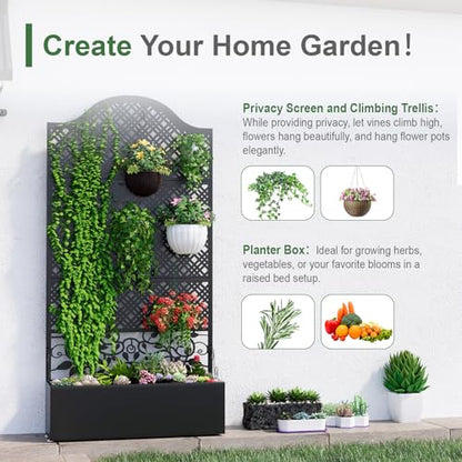 Metal Planter Box with Trellis & Privacy Screen, 79"x40"x11.8", Galvanized - color: Rhombus Grid