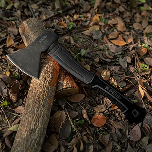 KSEIBI Wood Axe, 274151 Small Outdoor Camp Hatchet 14 Inch for Splitting and Kindling Wood, Forged Steel Blade with Anti-Slip and Shock Reduction Fiber Glasses Handle Great Throwing Axes and Hatchets - style: Black