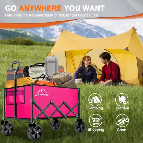 AMNOW 100L Collapsible Wagon Cart with All Terrain Wheels, 350LBS, Rose - color: Rose-3