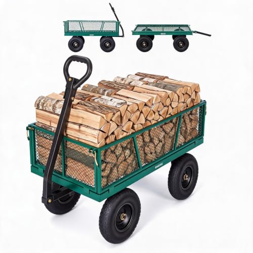 Green Metal Mesh Garden Cart, 1200 Lbs Heavy‑Duty 4‑Wheel Yard Utility Wagon - color: Green