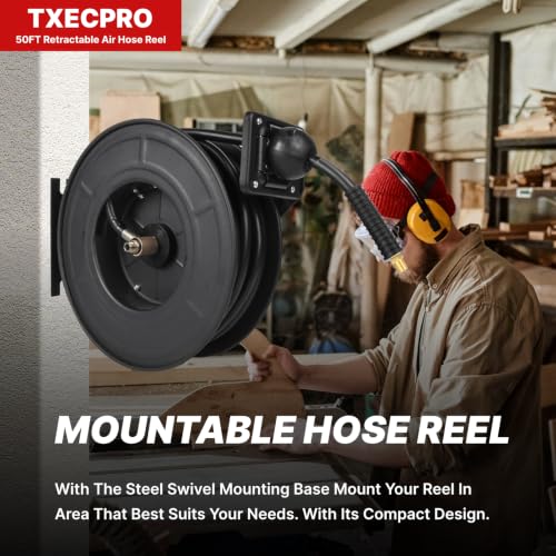 Retractable Air Hose Reel, 3/8 IN x50FT Hybrid Air Hose,Max 300 PSI, Air Compressor Hose Reel with 5 ft Lead in, Ceiling/Wall Mounted,Heavy Duty Air Tool - size: Standard