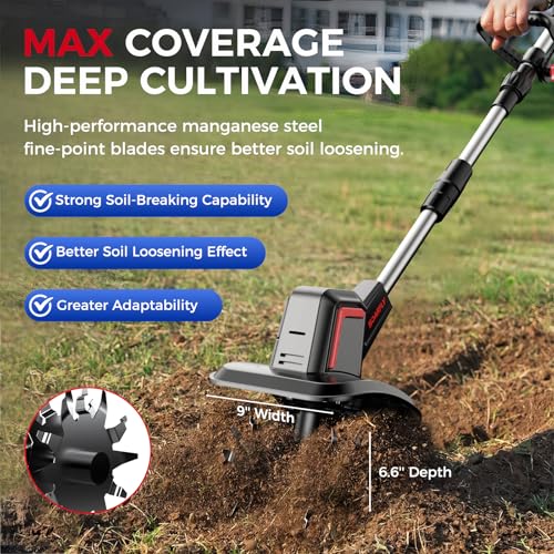 SOARFLY Cordless Tiller Cultivator 9" Width 6.6" Depth, 2×4.0Ah Batteries