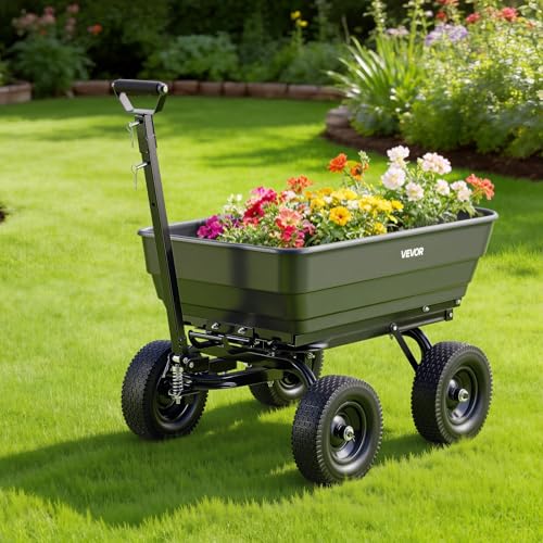 VEVOR 7 Cu.Ft 1200LBS Poly Garden Cart Dump Wagon, Heavy Duty Wheelbarrow with 2-in-1 Convertible Handle and 13" Flat Free Tires, Utility ATV Trailer Yard Dump Cart Tow Behind for Lawn Mower Tractor - color: Darkgrey