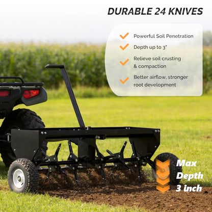 VINGLI 40" Tow Behind Lawn Plug Aerator with Weight Tray, 24 Knives, Adjustable Handle & 10" Inflatable Wheels, Universal Hitch for Lawn Tractor ATV UTV, Garden, Yard, Farm, Black