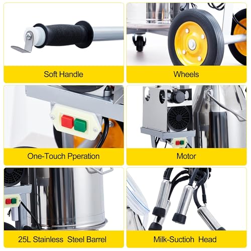 Portable Cow Milking Machine, Electric Milker with 25L Stainless Steel Bucket, 45–50 KPA Vacuum Milking Equipment for Small Farms, Silicone Cups & Tubes for Cows and Goats