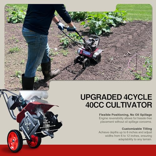GardenTrax Upgraded Tiller 40cc 4-Cycle Multi-Function Mini Cultivator w/6 Durable Steel Tines