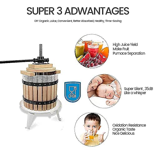SQUEEZE master Fruit Apple Cider Wine Press-3.17 Gallon/12L- Solid Wood Basket with Grape Berry Wine Classic Crusher -7 Litre/1.8Gallon