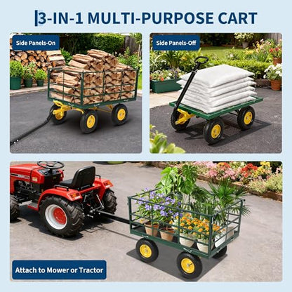 Heavy Duty 1500 Lbs Capacity Mesh Steel Garden Cart Folding Utility Wagon with Removable Sides, Garden Cart on Wheels for Gardening Soil, Tools, and Plant Transport