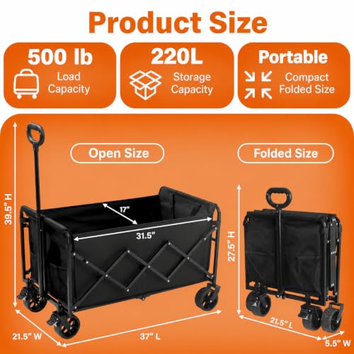 Wagons Carts Foldable, 500 lb 220L Collapsible Wagon with Brakes - color: Charcoal