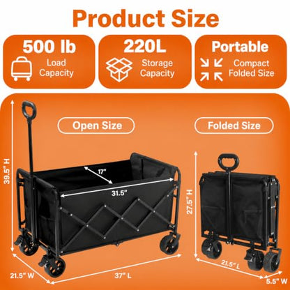 Wagons Carts Foldable, 500 lb 220L Collapsible Wagon with Brakes - color: Charcoal