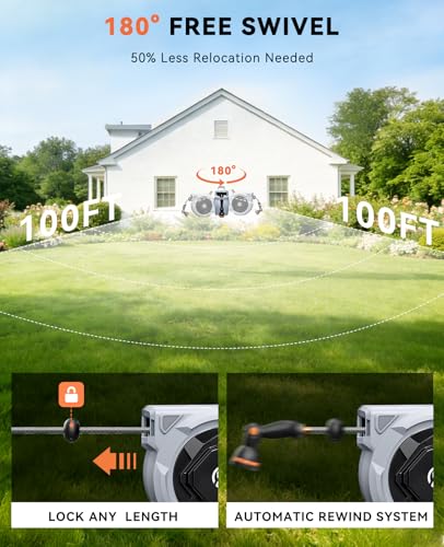 SUNPOW Retractable Garden Hose Reel - 1/2" x 100ft Wall Mounted Hose Reel with 3/4'' Brass Fitting & 10-Pattern Nozzle - Auto Slow Retraction, Any-Length Lock, 180°Swivel for Lawn & Gardening - size: 1/2" 100FT