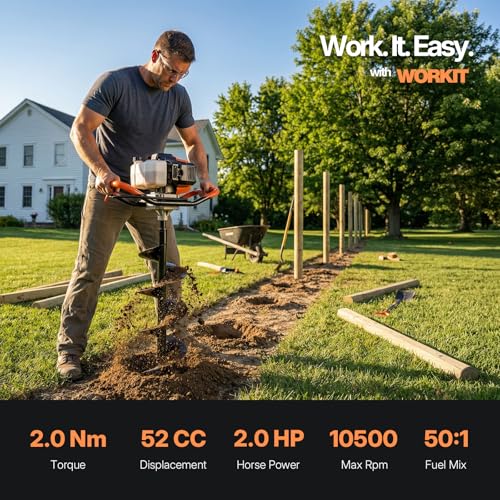 WORKIT 52CC Post Hole Digger, Auger Post Hole Digger Easy Start, 2-Cycle Xtreme Engine, Gas Powered Earth Auger with 6"+10" Auger Drill Bit, 10"+20"+30" Extension Rods, EPA Certification - size: 52cc+2 bit(6"+10")+3 Ext(10"+20"+30")