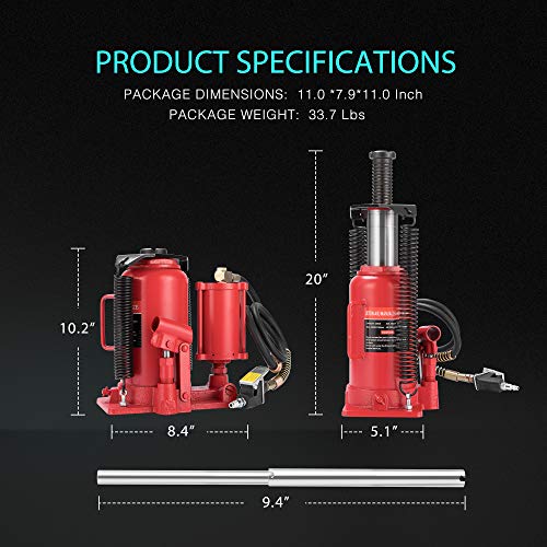 SPECSTAR Pneumatic Air Hydraulic Bottle Jack with Manual Hand Pump 20 Ton - color: Red