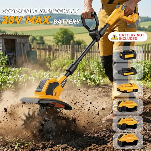 Brushless Cordless Tiller Cultivator Compatible with Dewalt 20V Battery (Tool Only), 400RPM Electric Garden Rototiller, 9In Width 7In Depth with 48 Steel Tines for Soil Cultivation & Gardening