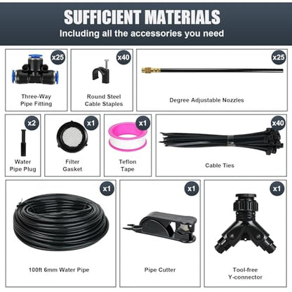 100ft Drip Irrigation System, Automatic Garden Watering System with 25 Adjustable Sprinkler Nozzles, Irrigation Hose Kit for Yard, Lawn, Plants, Atomizing System