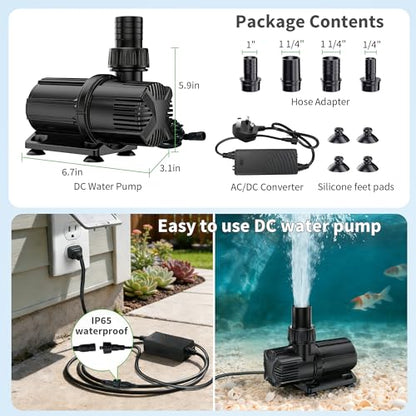 POPOSOAP 1600 GPH DC Pond Pump, Safe 24V Low Voltage Quiet Water Pump with AC/DC Converter, 4 Hose Adapters for Garden Ponds, Waterfall,Aquariums, Fountains, Water Features-P06000 - style: DC-1600GPH