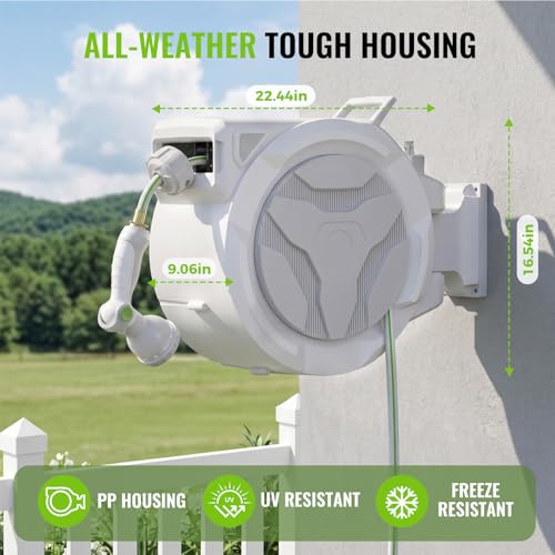 Retractable Garden Hose Reel 1/2"x100ft Wall Mount with 10-Function Nozzle - color: White