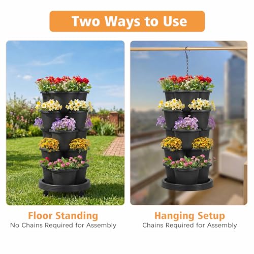 VECELO 5 Tier Vertical Garden Planter, Self Watering Stackable Planters with Wheels for Strawberries, Herbs, Flowers, Vegetables, Black - color: Black, size: 5 Tier