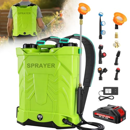Battery Powered Backpack Sprayer 5.3 Gallon,Electric Garden Sprayer with 100 PSI Adjustable Pressure, Rechargeable 21V 2.6Ah Battery,8 Nozzles (Includes Telescopic Wand) for Lawn,Yard,Garden - color: Green