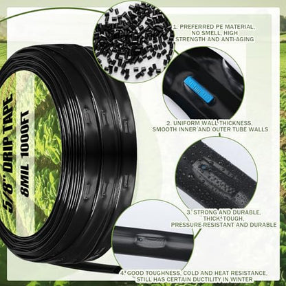 Tondiamo 1000' 5/8 Inch Drip Tape Irrigation Tubing Kit 16 Mil 6" Spacing Garden Hose Watering Tube Line Automatic Equipment for Garden Irrigation System Farms, Landscape, Lawn - size: 1000',16 Mil
