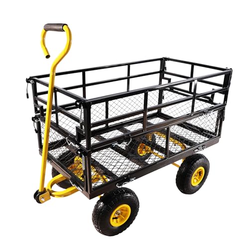 Heavy Duty Garden Wagon with Foldable Sides, Pneumatic Tires, Adjustable Handle (Yellow + Black Double Layer) - color: Yellow + Black Double Layer