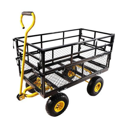 Heavy Duty Garden Wagon with Foldable Sides, Pneumatic Tires, Adjustable Handle (Yellow + Black Double Layer) - color: Yellow + Black Double Layer
