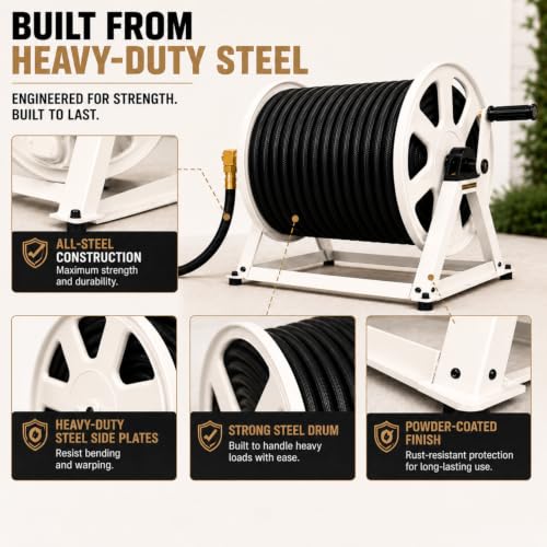 Dual Floor and Wall Mounted Garden Hose Reel, Holds 200ft of Water Hose, Heavy Duty Metal Hose Reel, Space Saving Hose Reel Organizer for Yard, Garage & Shed (White) - color: White