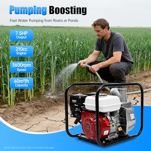 3 Inch Trash Pump, 7.5HP 210cc Gasoline Powered Water Pump, 60m³/h Flow, 3" Inlet/Outlet, 91.86ft Head, 22.97ft Suction, Portable High Flow Water Transfer Pump for Farm Irrigation, Pool, Garden - size: 3 inch