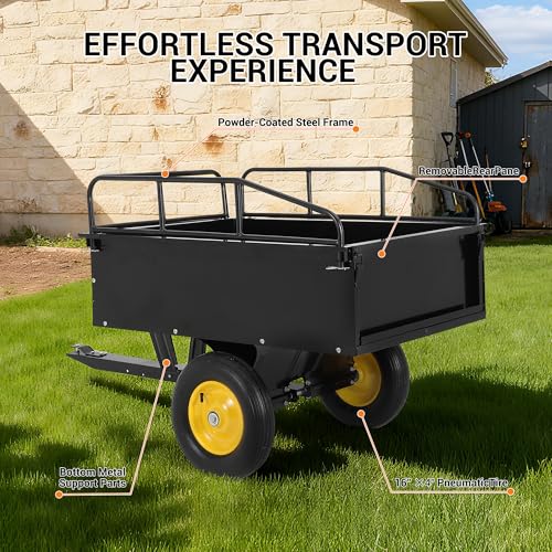 Hipicute Heavy Duty Tow Behind ATV Trailer Steel Dump Cart - 10-Cubic 500LB Feet Capacity - Garden Utility Trailer -for Riding Lawn Mower Tractor