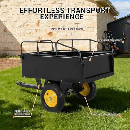 Hipicute Heavy Duty Tow Behind ATV Trailer Steel Dump Cart - 10-Cubic 500LB Feet Capacity - Garden Utility Trailer -for Riding Lawn Mower Tractor