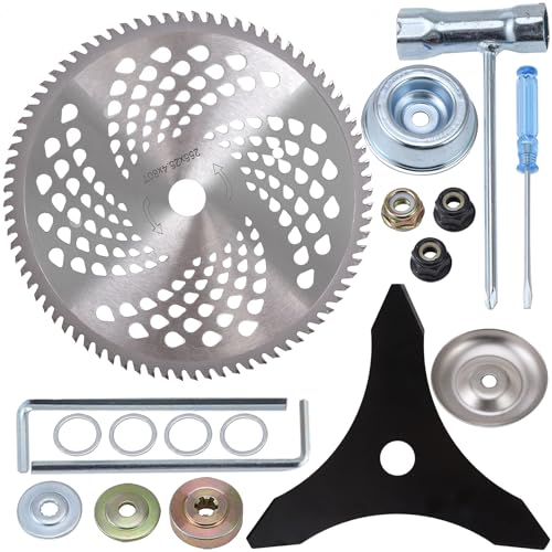 PLAXNS 10" x 3 Teeth Carbon Steel Brush Cutter Blades,10" x 80T Carbide Tip Brush Cutter Trimmer Compatible for Husqvarna, Stihl, Oregon, and Hitachi Trimmer, Lawnmower (with 2 Different Adapter Kits) - size: 10+10 inch+Adapter