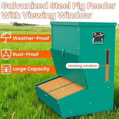 Pig Feeder, 2-Door Heavy Duty Galvanized Steel Hog Feeder,3.7 Bushels Capacity,Outdoor Pig Feeders with Visable Feed Design, Livestock Feeder for Barn, Farm, Feeding up to 5 Small Hogs, Green - size: 2-Door