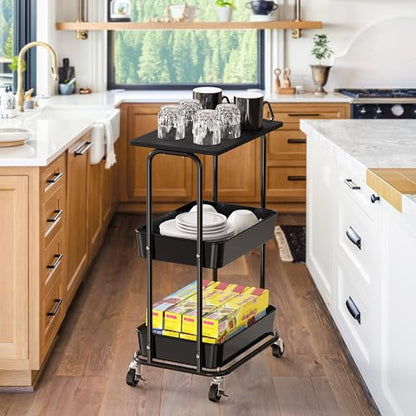 Simple Houseware 2-Tier Rolling Utility Cart Wood Top/Lockable Wheel, Black - color: Black