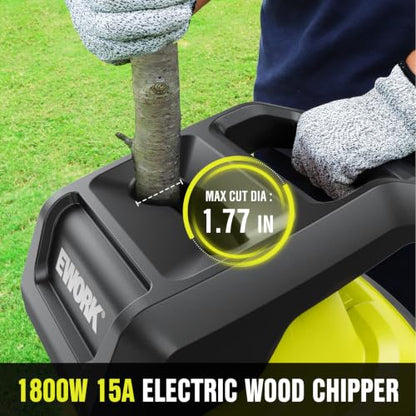 EWORK 15 Amp Electric Wood Chipper Shredder, Max 1.8" Cutting Diameter | 4 SK5 Blades, 15:1 High Reduction Ratio with 45L Collection Bag, Efficient Mulcher for Garden Compost - color: Green