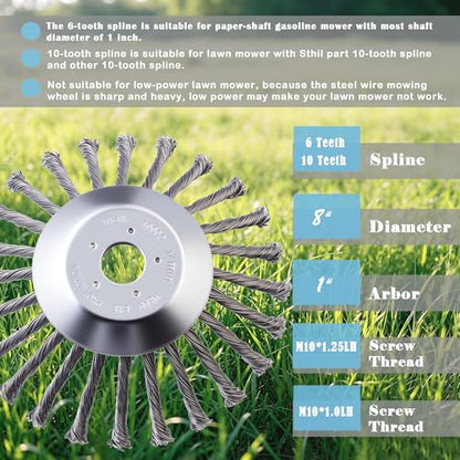 8 Inch Steel Wire Grass Trimmer Head, Indestructible Wire Weed Trimming Heads with Universal Adapter Kit for Weed Eater, Heavy-Duty Rotary Brush Cutter Trimmer Head forMoss & Rust Remova