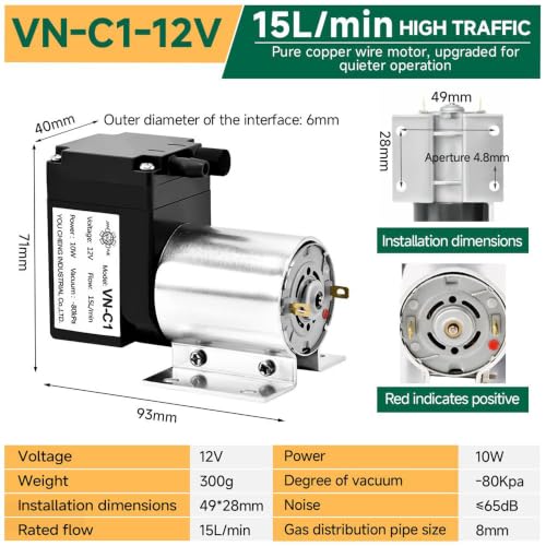 Vacuum Pump 15L Mini Diaphragm Air Compressor 12V Micro Air Pump -80KPA Vacuum Degree Mini Brush Piston Pressure Pump (VN-C1) - color: Vn-c1, size: 12V