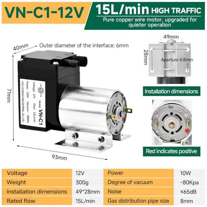 Vacuum Pump 15L Mini Diaphragm Air Compressor 12V Micro Air Pump -80KPA Vacuum Degree Mini Brush Piston Pressure Pump (VN-C1) - color: Vn-c1, size: 12V