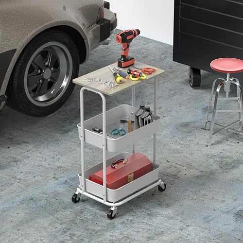 Simple Houseware 2-Tier Rolling Utility Cart Wood Top/Lockable Wheel, Maple - color: Maple