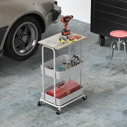 Simple Houseware 2-Tier Rolling Utility Cart Wood Top/Lockable Wheel, Maple - color: Maple