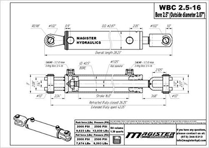 Double Acting Hydraulic Cylinder - AG Clevis Hydraulic Cylinder 2500 PSI tie-Rod Alternative 2.5" bore 16" Stroke (2.5x16) - size: 16" stroke